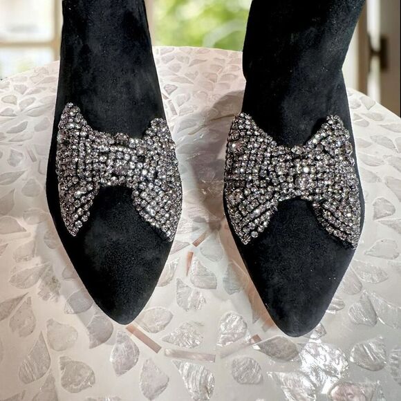 Tory Burch $498 Embellished Crystal Bow Leather Suede Ankle Booties Boots Shoes - Picture 6 of 15